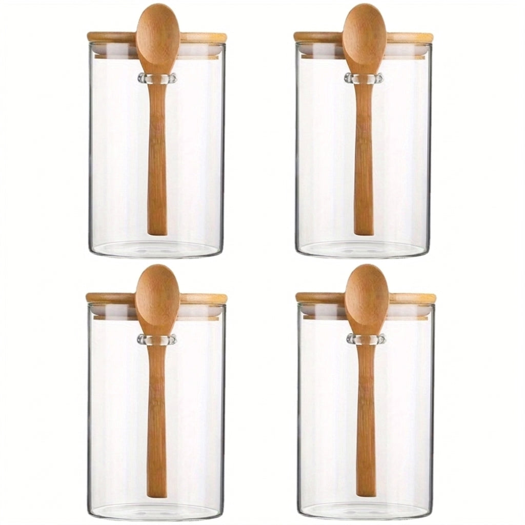 Airtight Glass Jars with Bamboo Lids & Spoons — 18oz (>501ml) — Pack of 1/2/3/4 — Transparent Food Storage for Spices, Beans & Tea