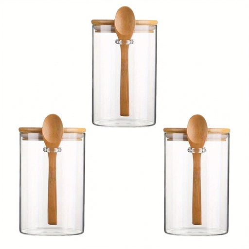Airtight Glass Jars with Bamboo Lids & Spoons — 18oz (>501ml) — Pack of 1/2/3/4 — Transparent Food Storage for Spices, Beans & Tea