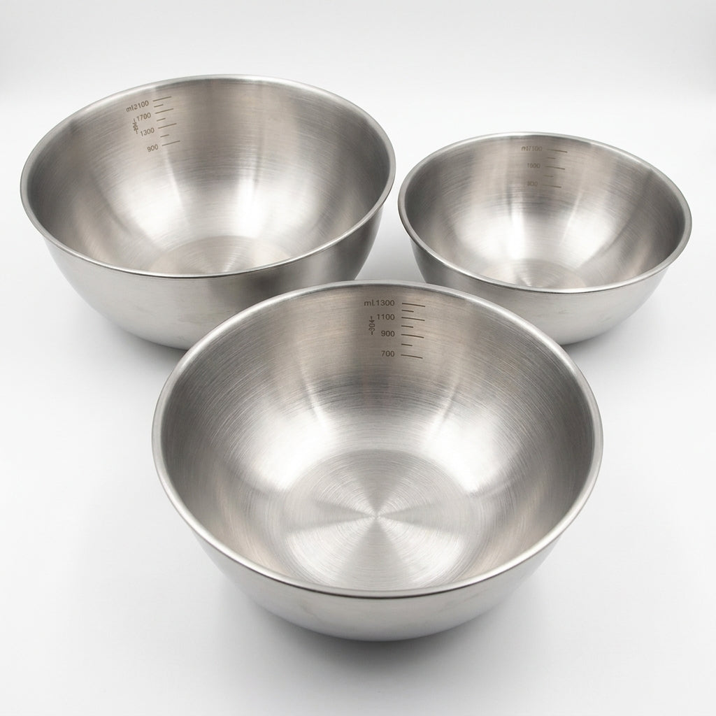 Set of 3 Stainless Steel Mixing Bowls with Measurement Marks — Thickened for Mixing & Kneading