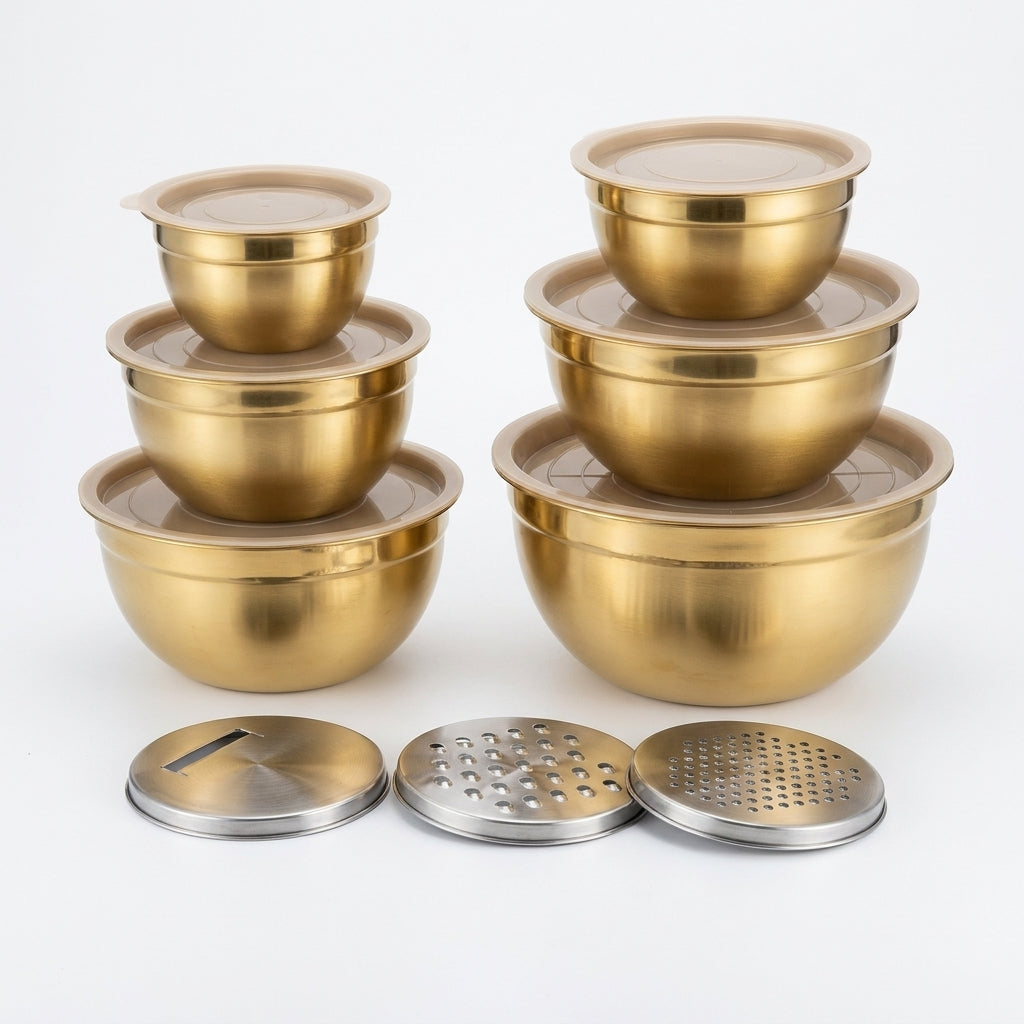 10-piece Gold Stainless Steel Mixing Bowl Set with Lids & Sharpener - Dishwasher-safe