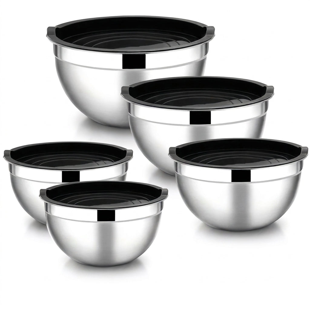 5-piece Stainless Steel Salad Basins with Lids — 2L+ Mixing & Baking Bowls (Silver)