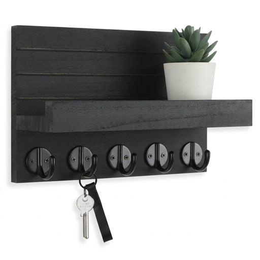 Wall-mounted Wooden Key and Mail Shelf with 5 Hooks