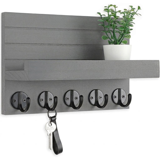 Wall-mounted Wooden Key and Mail Shelf with 5 Hooks