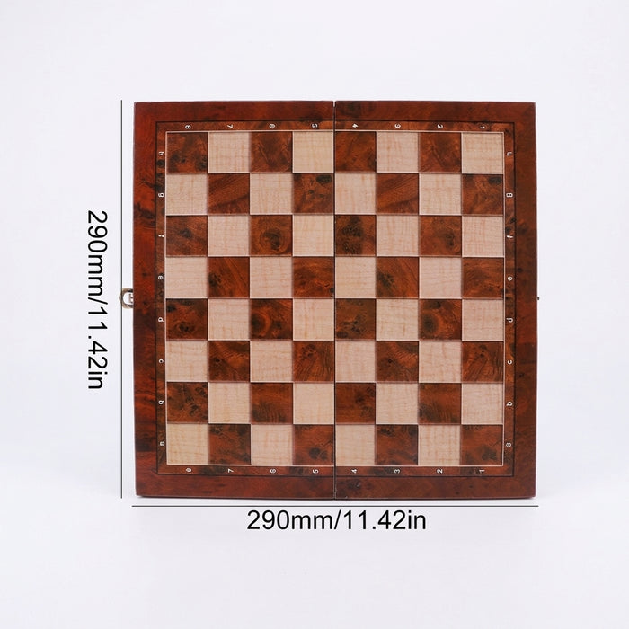 29x29cm Foldable 3‑in‑1 Wooden Chess, Checkers & Backgammon Board