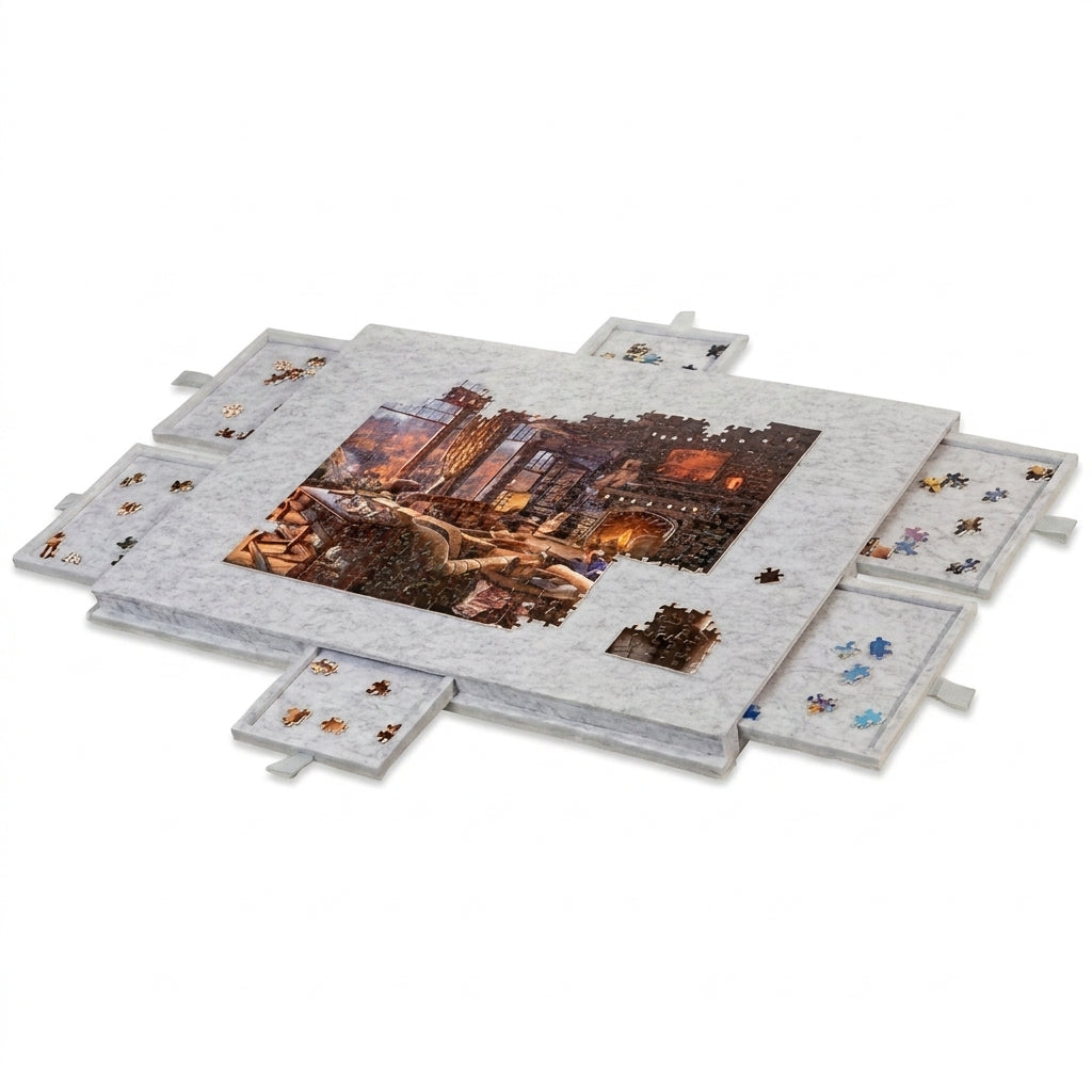 Tilting Puzzle Board with 6 Drawers – 2-in-1 Lid Stand, Felt Surface for 1000+ Piece Puzzles