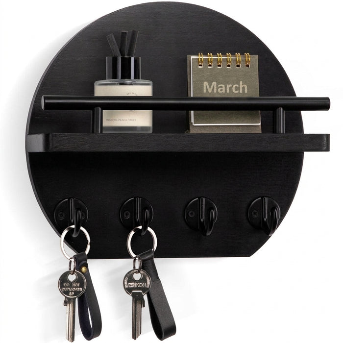 Wall-mounted round wooden key rack with shelf and 8 hooks — apartment wall décor