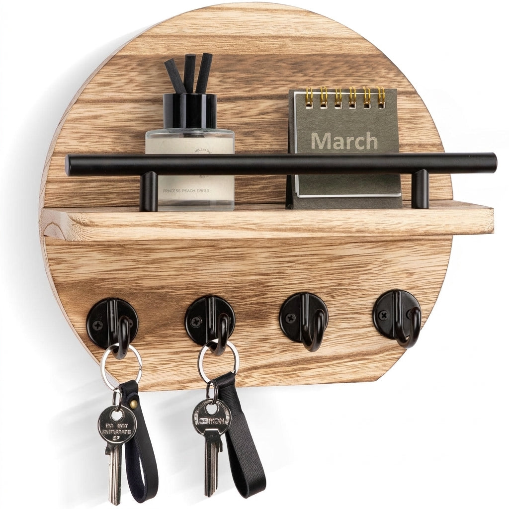 Wall-mounted round wooden key rack with shelf and 8 hooks — apartment wall décor