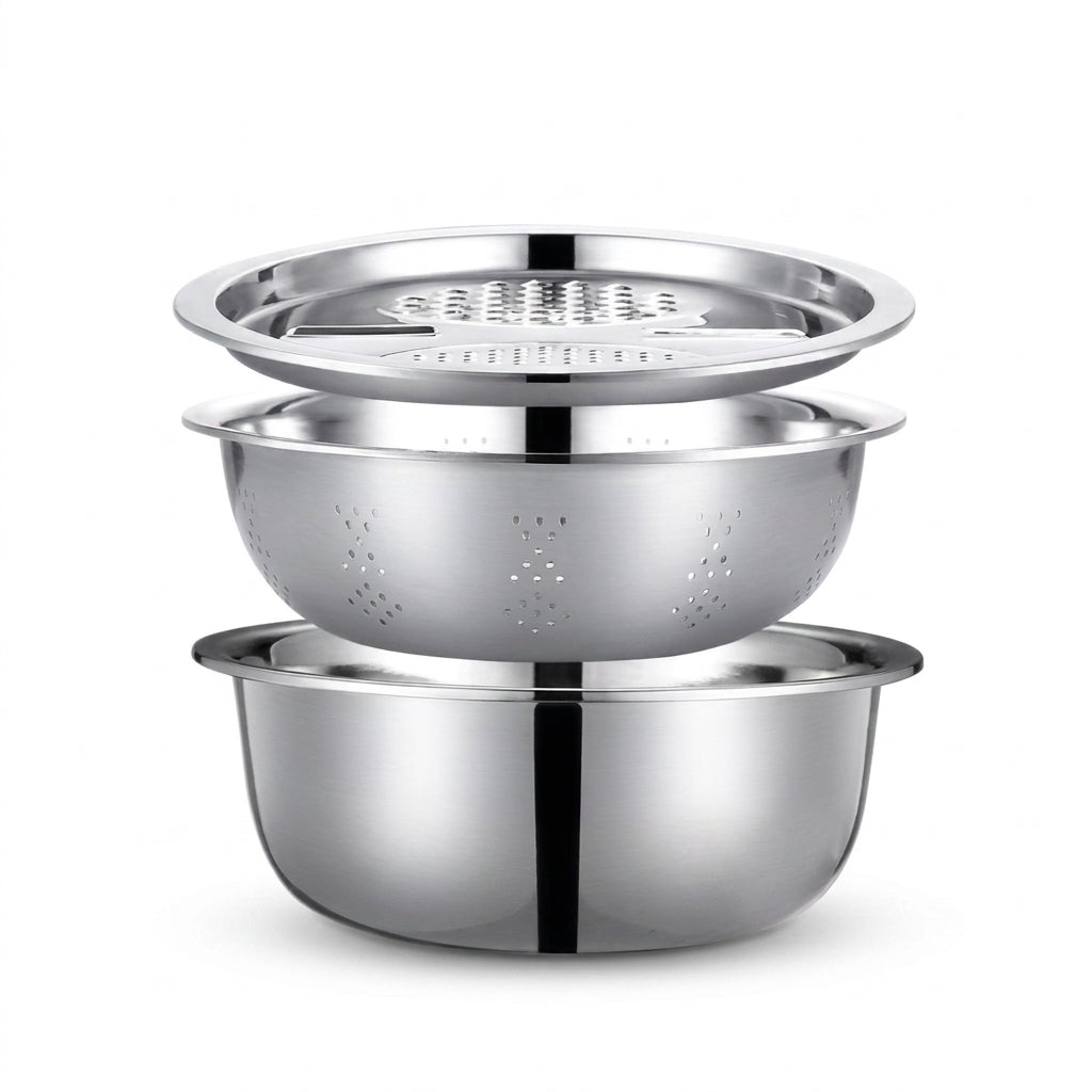 3-Piece Stainless Steel Mixing Bowl Set — Grater, Strainer & Drain for Food Prep