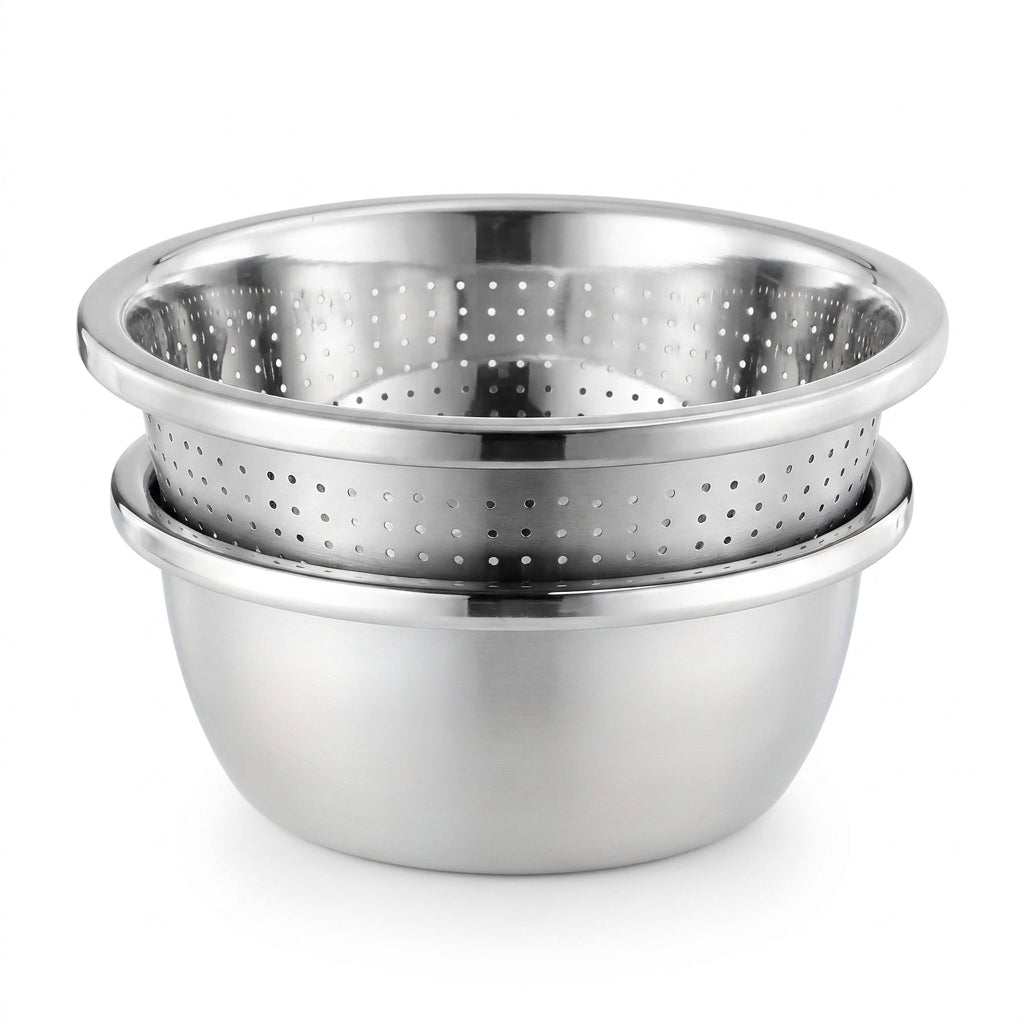 2-Piece Stainless Steel Colander & Mixing Bowl Set — Rice Washer and Strainer