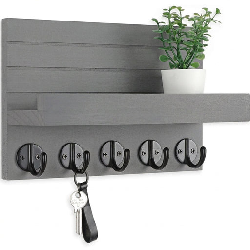Wall-mounted Key and Mail Shelf with 5 Hooks - Wooden Entryway Rack