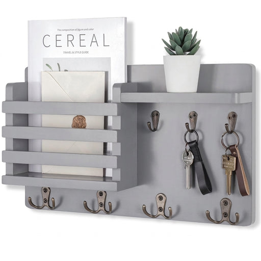 Rustic Wall-Mounted Mail Organiser with Key Hooks & Floating Shelf