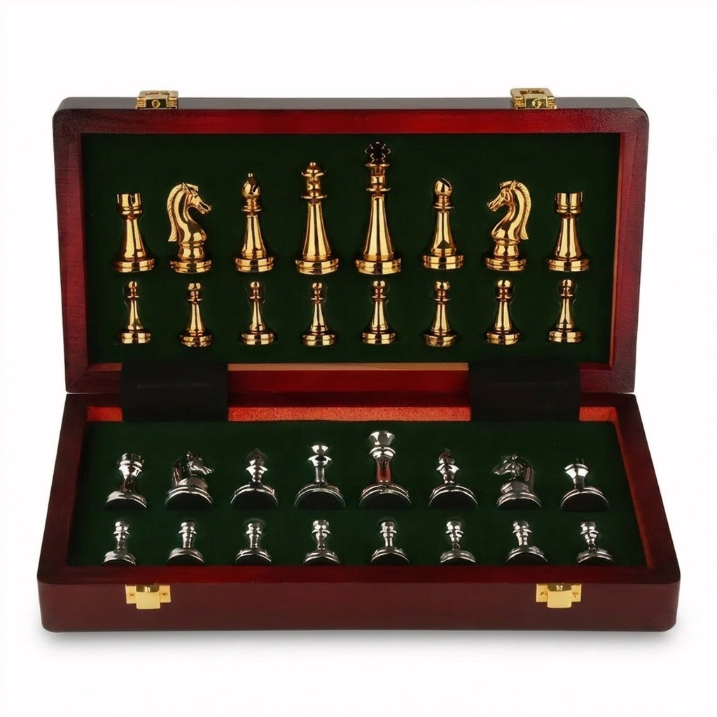Deluxe 30cm Folding Wooden Checkers & Chess Set with Zinc Alloy Pieces