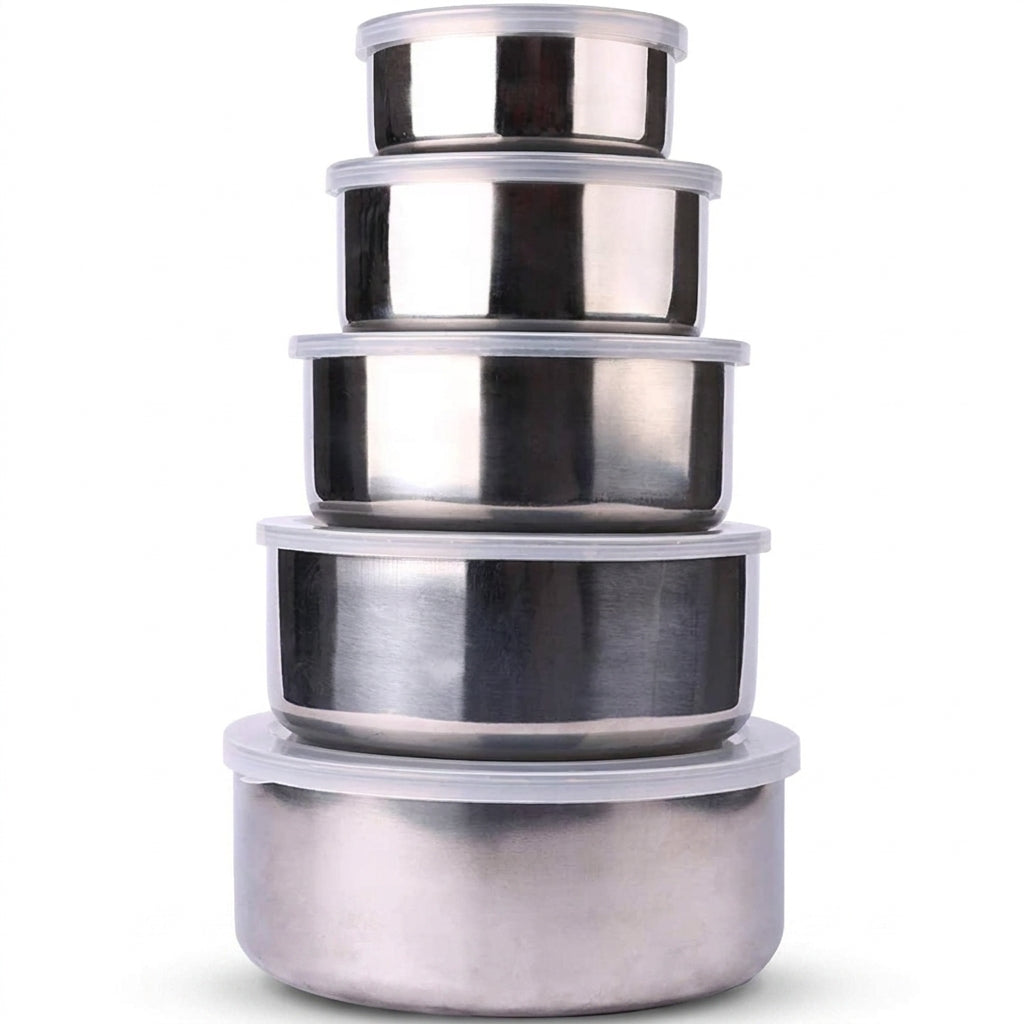 5-Piece Stainless Steel Mixing Bowl Set with Lids — Stackable & Dishwasher Safe