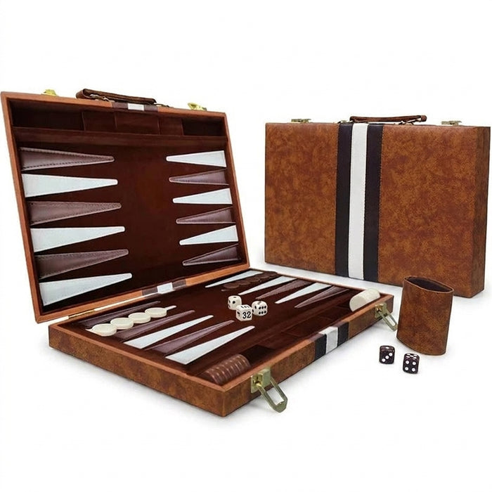 Classic 3‑in‑1 Backgammon Travel Set with Leather Case — Chess & Checkers (11/15/18 inch)