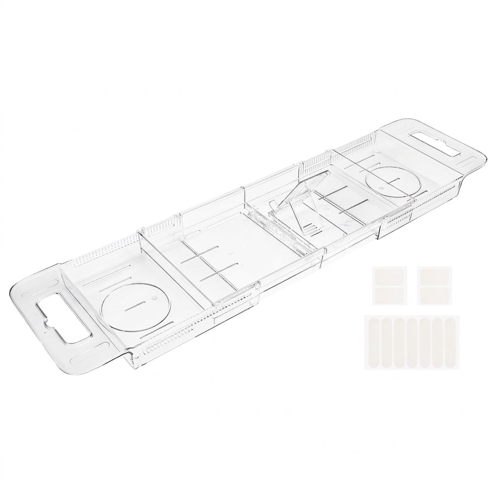 Expandable Transparent PET Bathtub Caddy Tray – Adjustable Bath Shelf with Cup Holders