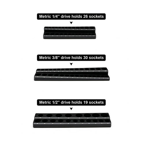 3-Piece Magnetic Socket Organiser Set, Metric or SAE, ¼", ⅜" & ½" Drives