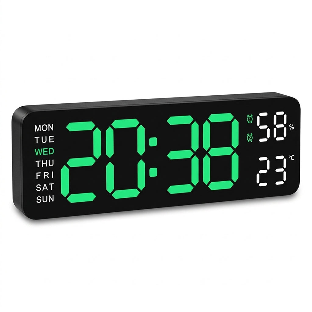 LED Digital Wall Clock with Alarm, Calendar, Snooze and Adjustable Brightness