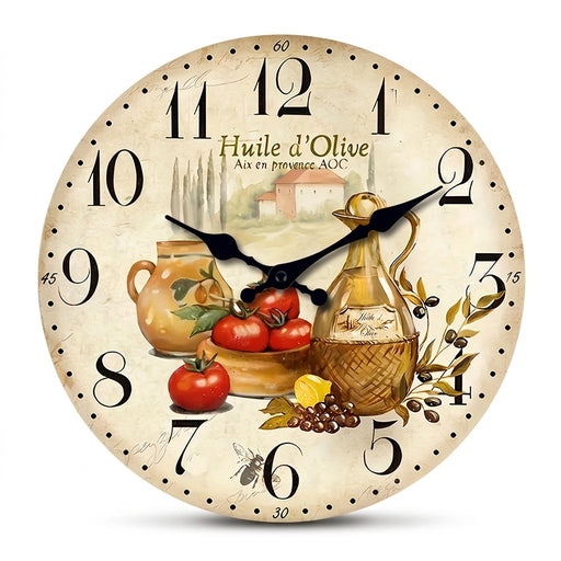 Vintage Provence Olive Oil & Tomato Wooden Wall Clock, Silent Quartz, 10–16 Inch
