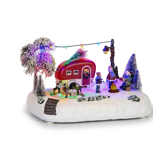 Animated Christmas Camper Village with Rotating Skating Figure, Music and LED Lights