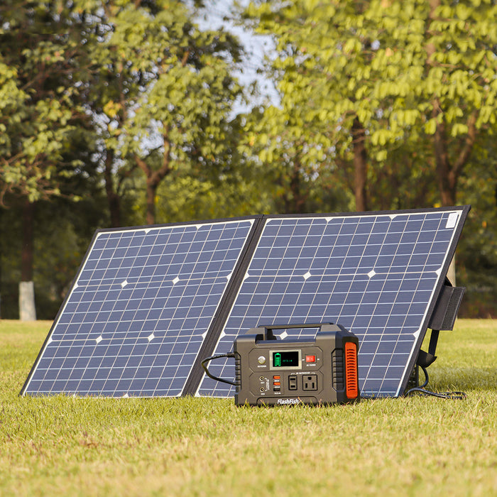 FlashFish 200W Portable Solar Power Station;  FlashFish 40800mAh Solar Generator with 50W 18V Portable Solar Panel;  Flashfish Foldable Solar Charger with 5V USB 18V DC Output